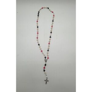 Handmade Cross Bead Rosary Necklace Pink Black Cream Gothic Punk Crucifix